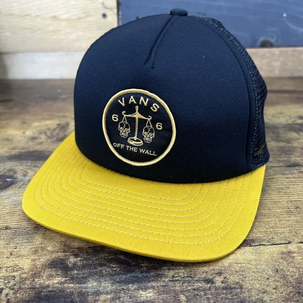 VANS Off The Wall Black Yellow Patch Snap Back Hat Baseball Cap Youth